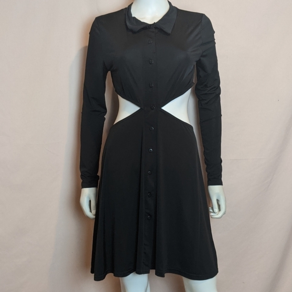 Missguided Long Sleeve Slinky Cut Out Side Mini Shirt Dress in Black size 8